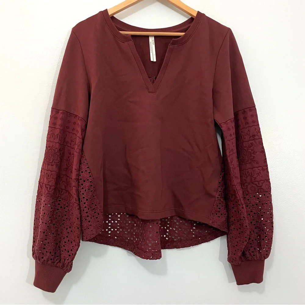 Anthropologie Plum Wine Eyelet Lace Puffy Sleeves Oversized Top Size S